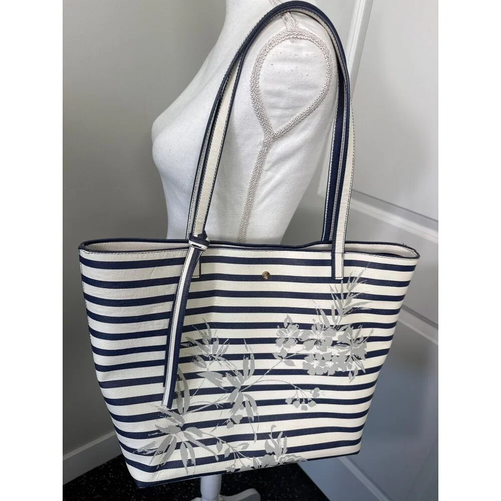 Tommy Bahama Floral Stripe Tote W/Pouch Navy White Faux Leather Travel Beach 90s - Picture 2 of 16